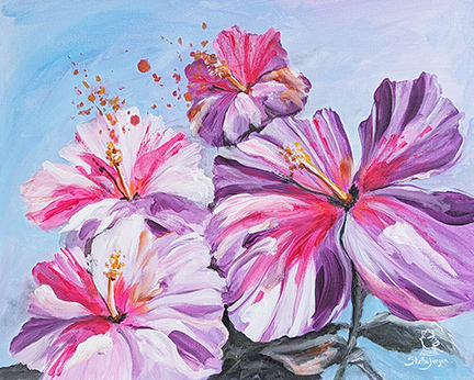 "Festive Hibiscus" 20" x 16" acrylic on canvas - Stella Jurgen - DONATED