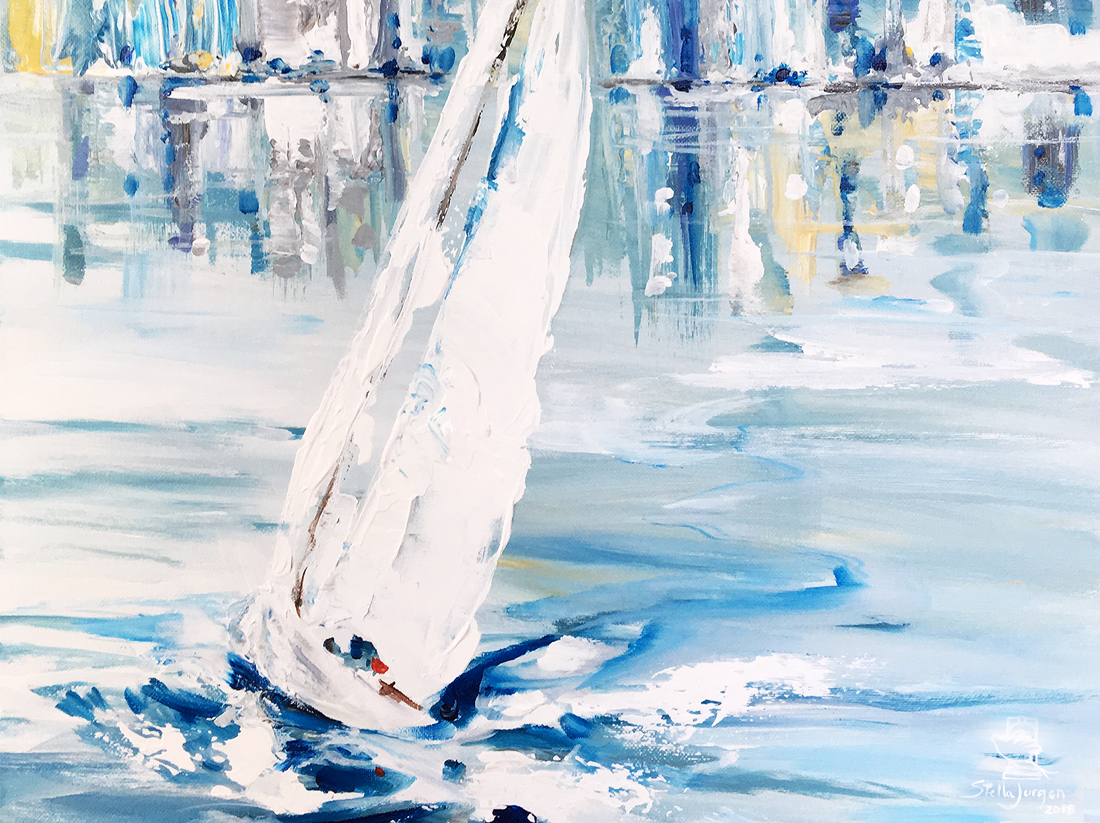 sailboat painting, sailing with a breeze
