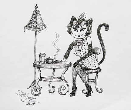 Cat's illustration, female at coffee shop