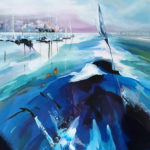 Sailboat painting, blue painting, water splashes painting,