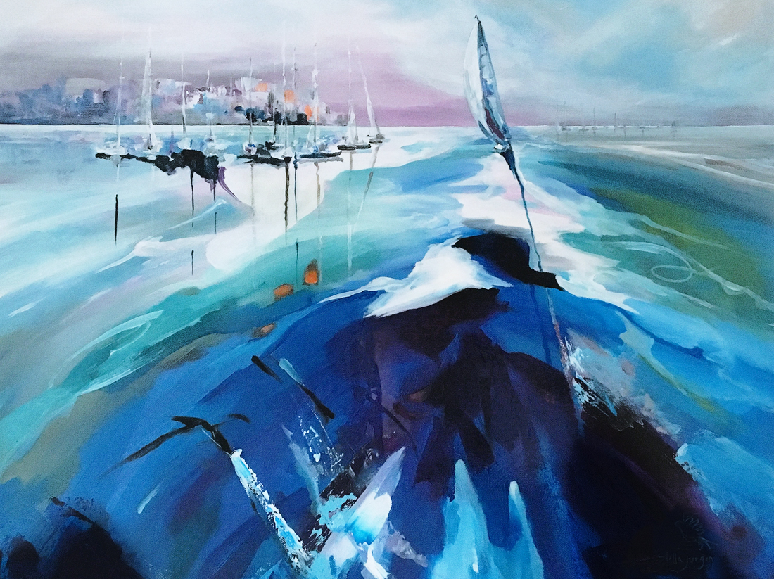 Sailboat painting, blue painting, water splashes painting,