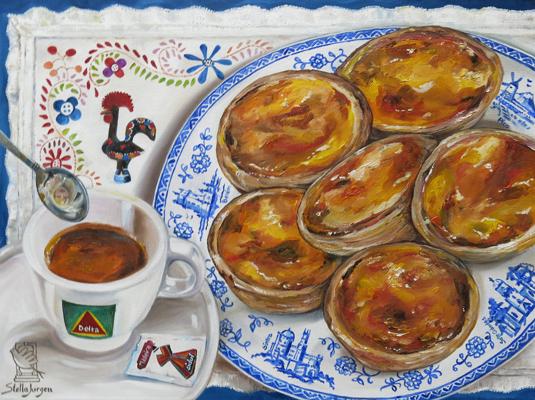 Portuguese traditional pastry, bica, espresso painting
