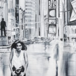 Gia Carangi painting, black and white city scape, New York City