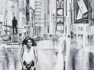 Gia Carangi painting, black and white city scape, New York City