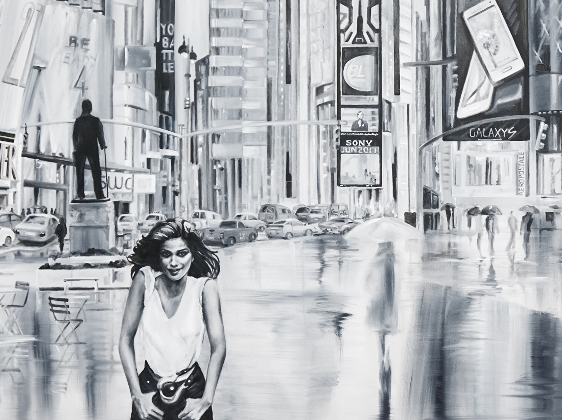 Gia Carangi painting, black and white city scape, New York City