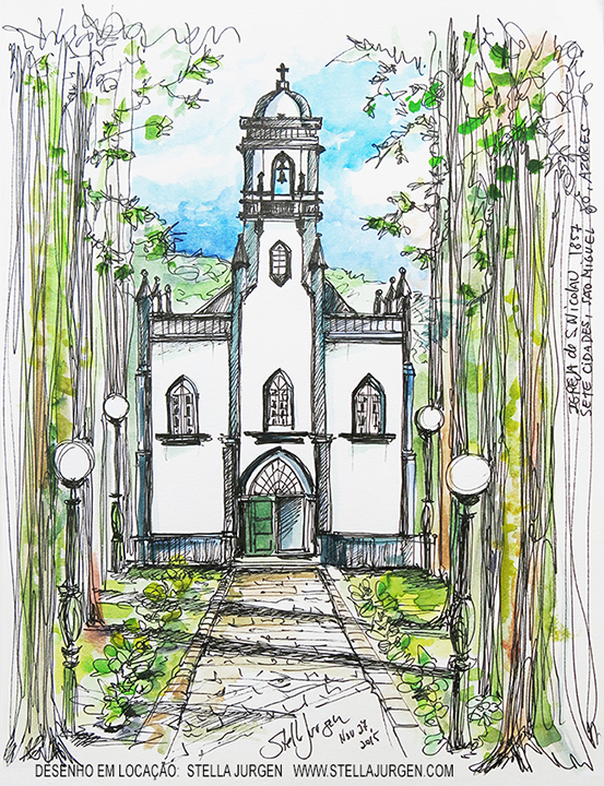 Urban Sketch, church drawing, Azores, Sao Nicolau