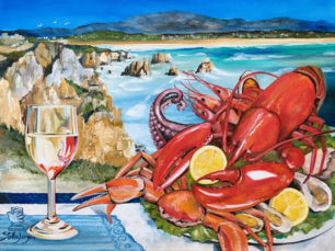 Portugal, Algarve, Seafood painting, lobster painting, Portuguese landscape painting