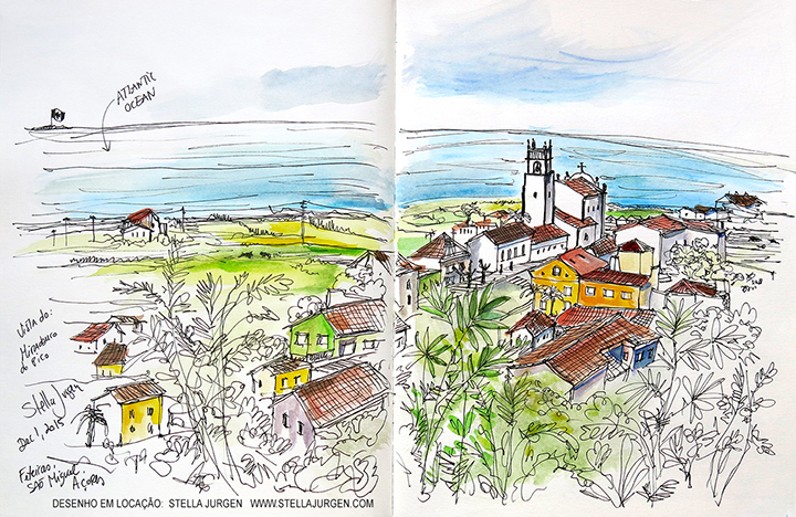 Urban Sketch, Miradouro, Feitieiras, Azores, Portugal