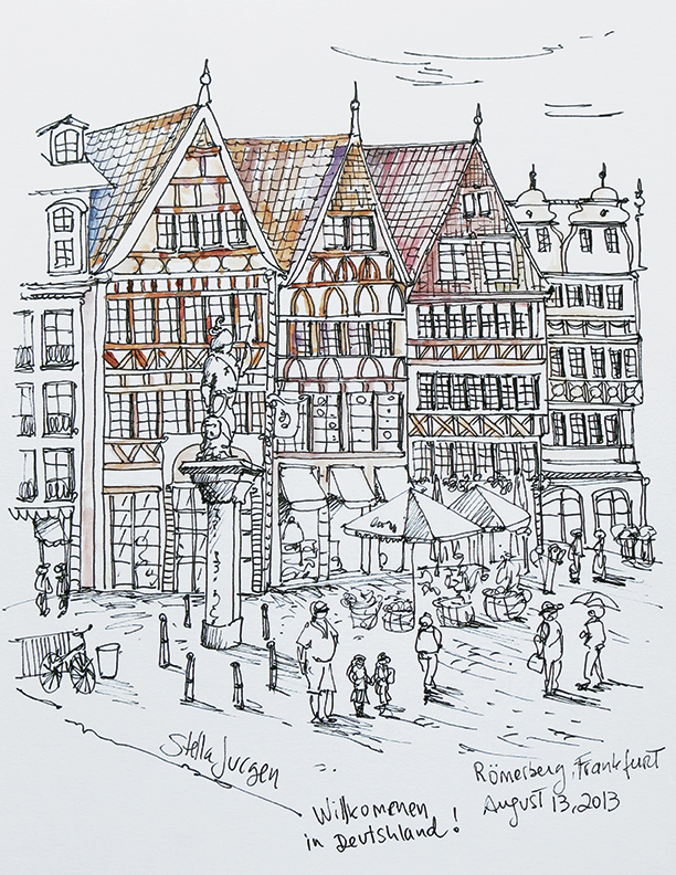 Stella Jurgen urban sketcher, sketch Romerberg