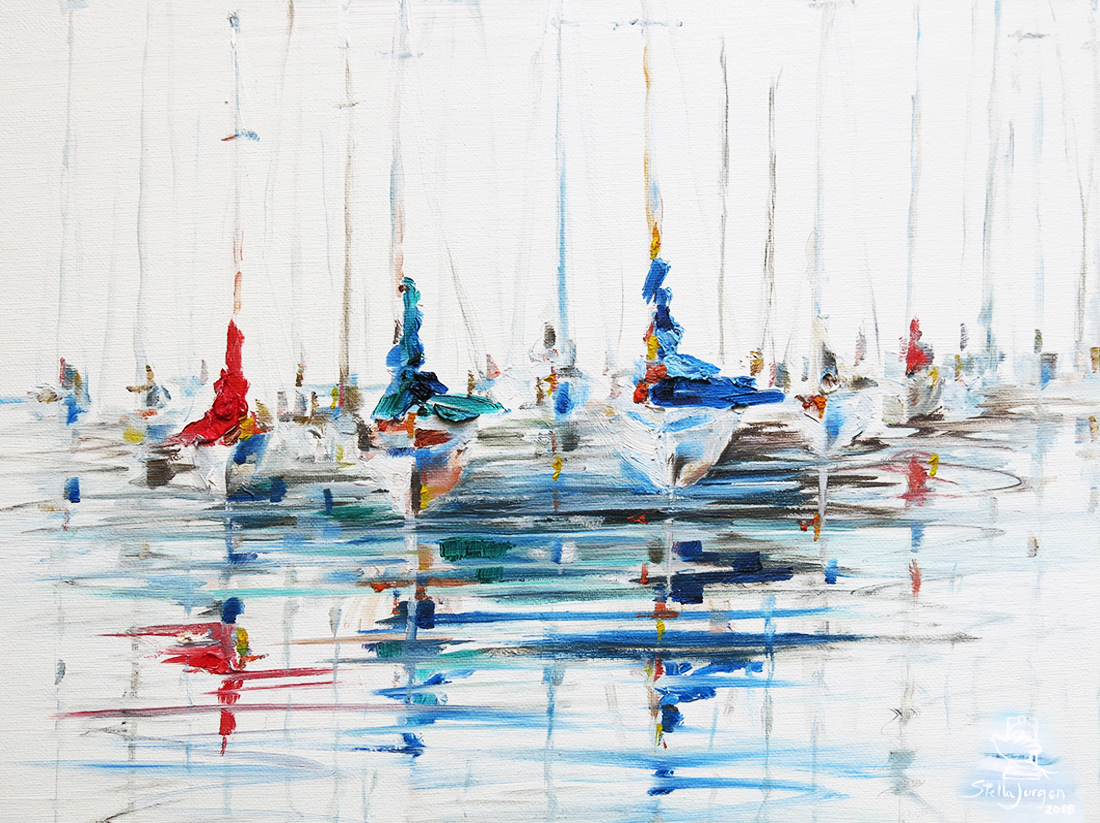 sailing boats, still on the water, sailing painting