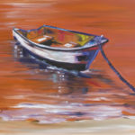 surreal boat on water, painting, orange water painting with boat