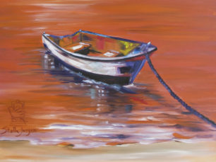 surreal boat on water, painting, orange water painting with boat