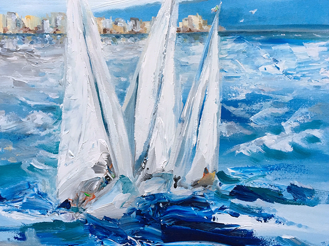 sailboats, rough water painting